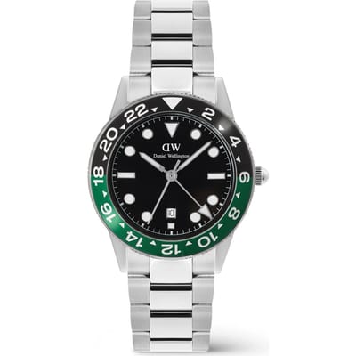 Daniel Wellington DW Watch Iconic GMT Link Black Green Ceramic Bezel Silver 40mm