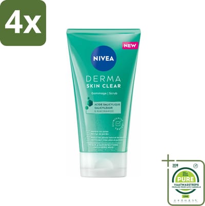 NIVEA - Gezichtsscrub - DERMA Huidzuiver - Voor onzuivere huid - Met Salicylzuur (AHA) & Niacinamide - Tegen Acne & Mee-eters - 150 ml - Voordeelverpakking - 4 stuks - Gezichtscrub - Puistjes