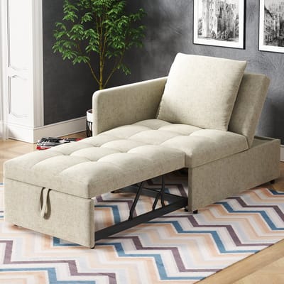 REDOM - Slaapbank 3-In-1 - Verstelbare Rugleuning - Ruimtebesparend - Linnen - Beige - 177 X 68 X 65 Cm
