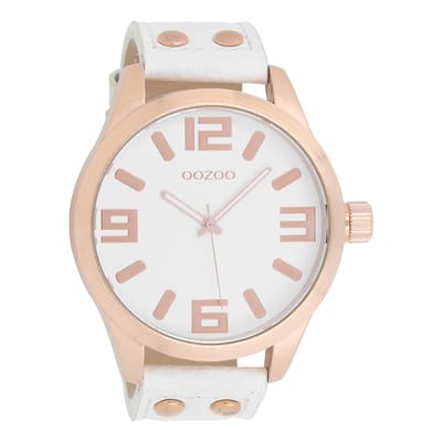 OOZOO Timepieces - Rosé goudkleurige horloge met witte leren band - C1100