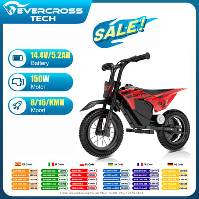 EVERCROSS TECH EV13M - elektrische kindermotorfiets 150W - 2 snelheden (8/16 km/u) - 12 km actieradius - 12 " off-road banden - voor