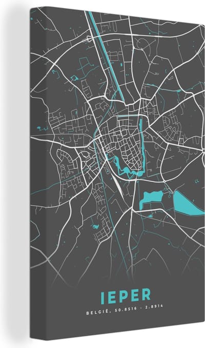 Canvas Schilderij Plattegrond – Ieper – Blauw – Stadskaart - Kaart - België - 20x30 cm - Wanddecoratie