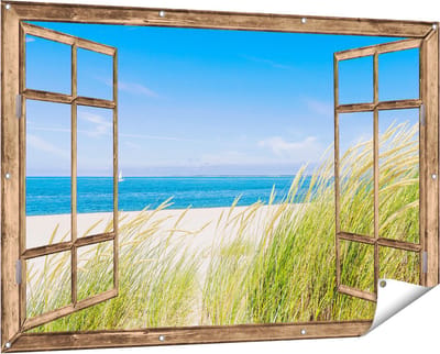 Gards Tuinposter Doorkijk Strand en Zee met een Zeilboot - 150x100 cm - Tuindoek - Tuindecoratie - Wanddecoratie buiten - Tuinschilderij