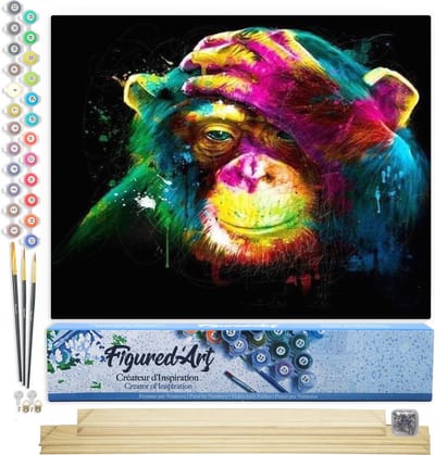 Figured'Art Schilderen op Nummer Volwassenen canvas Veelkleurige Aap - Handwerk acrylverf Kit DIY Compleet - 40x50cm met DIY houten lijst