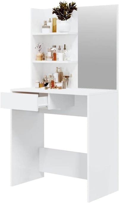 Kaptafel met spiegel - Schietafel slaapkamer - Make-up aanbrengen - Asymmetrisch origineel design - 74.5 cm breed - Hoogglans wit
