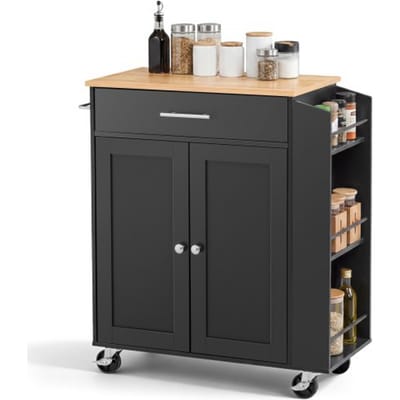 VEVOR Keukeneilandtrolley met 1 Lade en 2 Deuren, Zwart, Verrijdbaar Keukeneiland, Keukentrolley met Kruidenrek, Handdoekrek, Tafelblad (640 X 380 X 15 mm) en Verstelbare Planken voor de Eetkamer