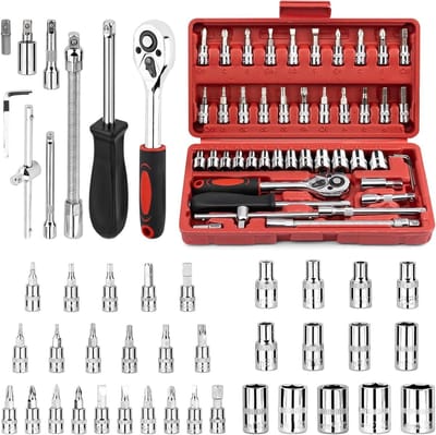 Dopsleutel Ratelset - Gereedschapset Socket - Auto Reparaties - Chroom-vanadium Staal - 46 Delig - Rood