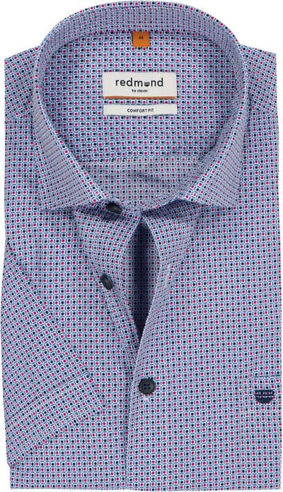 Redmond comfort fit overhemd - korte mouw - popeline - blauw met rood en wit dessin - Strijkvriendelijk - Boordmaat: 39 - 40
