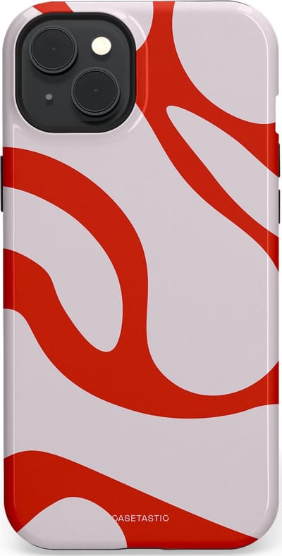 Casetastic hoesje geschikt voor Apple iPhone 15 Plus - MagSafe - Dubbellaagse bescherming - Oranje Witte Pebbel Stenen - Fashion Case - Lichtgrijs Rood