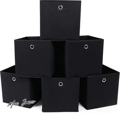 Mrs. Jones Opbergdozen set van 6 vouwbare stoffen dozen non-woven kubussen opbergmanden organizer voor speelgoed kleding gevlekt zwart RFB02H-36 Stuk met handvatten en deksel. .