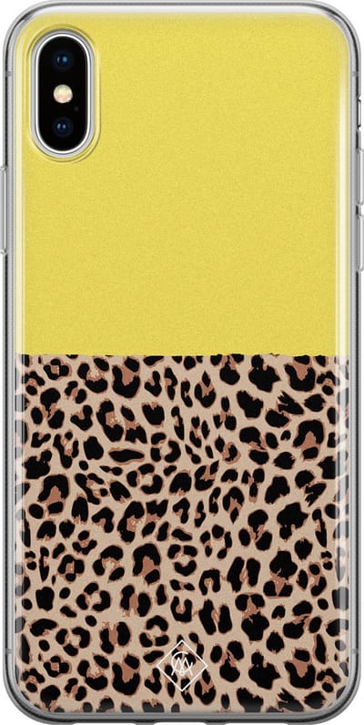 Casimoda® hoesje - Geschikt voor iPhone Xs - Luipaard Geel - Siliconen/TPU telefoonhoesje - Backcover - Luipaardprint - Zwart