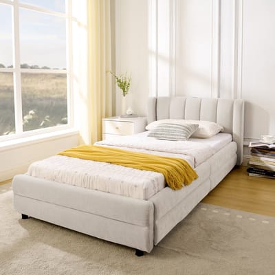 DESMIU Gestoffeerd Bed 90x200 Cm – Bed Met Usb En Type C Oplaadfunctie – Dubbele Opbergladen Links Of Rechts – Voor Kinderkamer En Logeerkamer – Beige – Zonder Matras