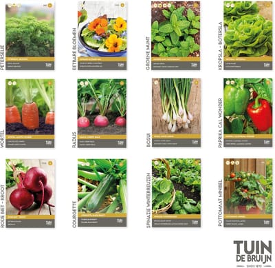 Moestuin Zadenpakket – 12 Soorten Groente- en Kruidenzaden – Sla, Wortel, Radijs, Spinazie, Courgette, Munt & Meer – Tuin de Bruijn
