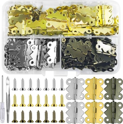90 Stuks Kleine Kast Scharnieren - Antieke Vlinder Vorm 20 x 17 mm met 360 Schroeven, 1 Schroevendraaier en 3 Kleuren voor Miniature Dozen en DIY Ambachten