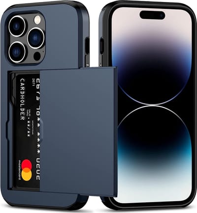 ShieldCase telefoonhoesje geschikt voor Apple iPhone 15 Pro Kaarthouder case met slider - hoesje met ruimte voor pasjes - pasjeshouder - hardcase - donkerblauw