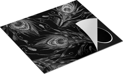 Chefcare Inductie Beschermer Getekende Pauw Veren Achtergrond - Zwart Wit - 60x50 cm - Afdekplaat Inductie - Kookplaat Beschermer - Inductie Mat