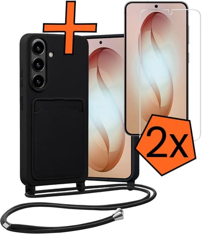 Hoesje Geschikt voor Samsung S26 Hoes Met Telefoonketting Met 2x Screenprotector - Backcover Geschikt voor Samsung Galaxy S26 Case Met Koord - Zwart