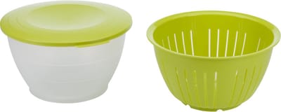 Westmark Slakom/serveerschaal met deksel en zeef/vergiet, 3-delig, inhoud: 4,4 l, kunststof, BPA-vrij, Olympia, kleur: doorzichtig/groen, 2418227A
