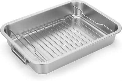 5stuk - RVS bakvorm - 39,5×29,5×7CM - Robuuste kalkoen braadpan - Met rek en handgrepen -Geschikt voor de oven - hoge - gemakkelijk te reinigen inductiekookplaat bakplaat - Geschikt voor kip, groenten, lasagne - Zilver