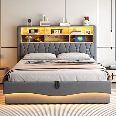 180x200 cm gestoffeerd bed met opbergruimte - met LED-verlichting en USB-oplaadpoort - grijs - zonder matras