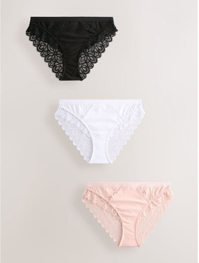 Next - Dames - Set van 3 hoog opgesneden katoenen slips met kant - Zwart