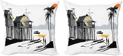 ABAKUHAUS Kustkussenhoezen Set – 2x40x40 cm – Dubbelzijdig digitaal bedrukt – Zwart/Grijs/Oranje