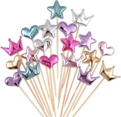 75 Stuks Cupcake Toppers voor Muffins en Taarten - Ster, Hart en Kroon Decoraties voor Verjaardagsfeestjes en Bruiloften met Glanzende Kleur Stokken voor Kinderen