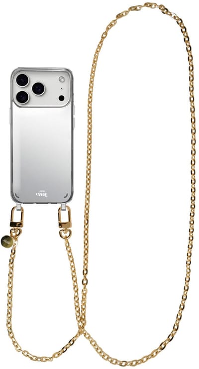 xoxo Wildhearts hoesje met spiegel geschikt voor iPhone 17 Pro Max case - Dreamy Mirror Case - Lang koord - Siliconen telefoonhoesje met spiegel - Schokbestendig - Gouden schakelketting