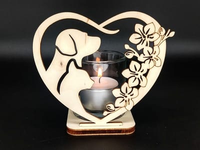 Woodart Waxinelichthouder met Glas – Labrador & Kat Design – Houten Theelichthouder – Dieren Decoratie – Kaarsenhouder 10x12 cm blank berken
