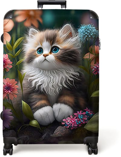 NoBoringSuitcases.com® - Koffer groot - Reiskoffer lichtgewicht - Kitten - Illustratie - Bloemen - Natuur - Kat - Rolkoffer met 4 wielen - Grote trolley XL - 98 liter bagage