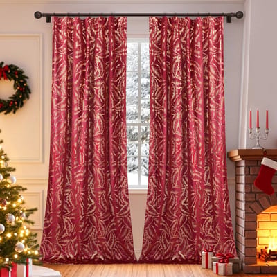 Qelus 2 Stuks Gordijnen Kant en Klaar - Luxe Fluwelen Korte Gordijnen met Gouden Folie - Verduisterend & Lichtwerend - Feestelijke Sfeer voor Woonkamer & Slaapkamer - B 132 x H 214cm(Rood)
