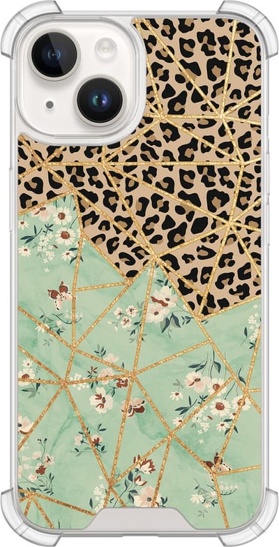 Shockproof hoesje - Geschikt voor iPhone 14 - Luipaard bloemen print - Extra sterke case - TPU/polycarbonaat - Print / Illustratie - Bruin, Transparant