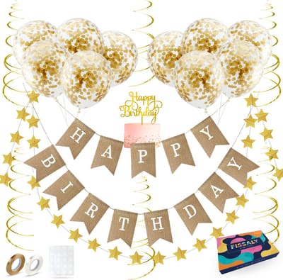 Fissaly Verjaardag Jute Slinger met Papieren Gouden Confetti Ballonnen – Decoratie – Happy Birthday - Letterslinger