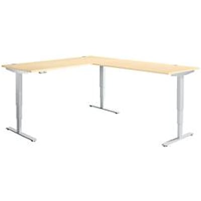 AERO FLEX hoekbureau, elektrisch in hoogte verstelbaar, hoek 90°, T-poot, B 2000 x D 2400 mm, ahorn/blank aluminium + memorypaneel