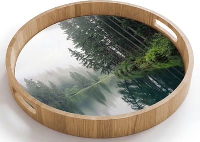 Dienblad rond 40x40 cm - Schootdienblad hout - Bergen - Meer - Bos - Borrelplank rechthoek - Plateau houten dienbladen