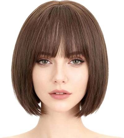 SnelShoppen - Short Bob Wig Bruin Glad Synthetische Korte Wig met Bangs, Natuurlijke Uitstraling voor Vrouwen, Zacht Haar als Echte Haar, 11 Inch voor