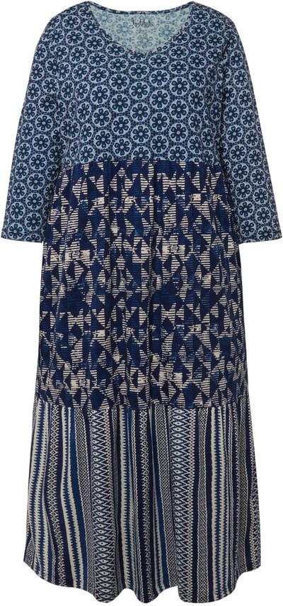 Ulla Popken - Dames - Jersey jurk motiefmix A-lijn V-hals 3/4-mouwen - Marine - Maat 50+