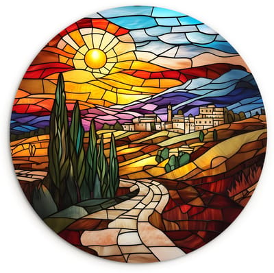 WallCircle® Wandcirkel 120x120 cm - Muurcirkel Mozaïek - Zon - Landschap - Dorp - Muurdecoratie woonkamer - Wanddecoratie slaapkamer - Kamer decoratie accessoires - Ronde schilderijen XXL