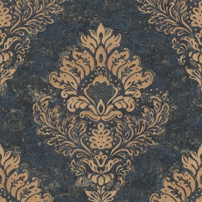 Barok behang Profhome 379012-GU vliesbehang licht gestructureerd in barok stijl mat blauw goud 5,33 m2