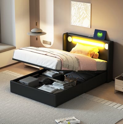 MEUNIQ kinderbed 90x200 cm met opbergruimte, LED-verlichting, Bluetooth-speler en 2 USB-oplaadpoorten, kunstleren bedframe met lattenbodem, zwart