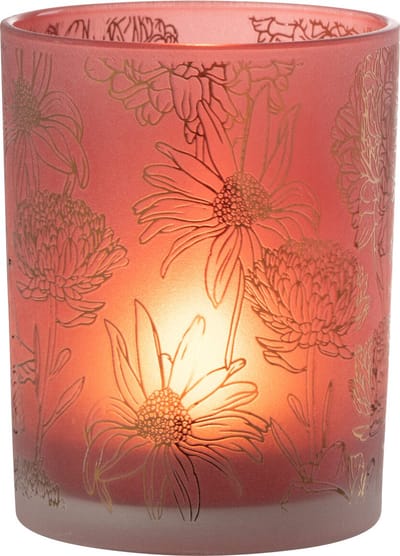 J-Line windlicht bloemen - glas - mat rood/goud - medium