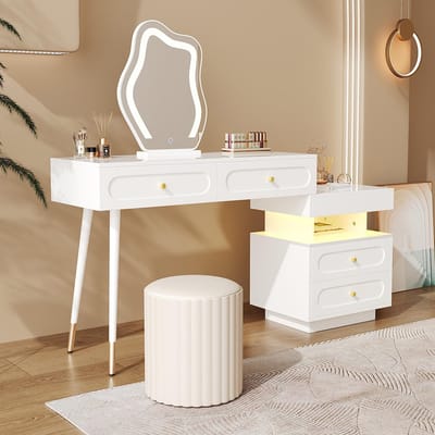 BLACKCOLORS - Kaptafel met LED-spiegel en verlichting - Witte kaptafel voor de slaapkamer - 4 ruime lades - 1 open opbergvak - Wit