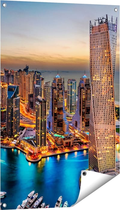 Gards Tuinposter Dubai Haven met de Stad - 60x90 cm - Tuindoek - Tuindecoratie - Wanddecoratie buiten - Tuinschilderij