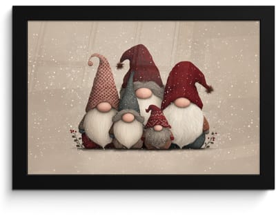 Poster in lijst - Fotolijst 30x20 cm - Posters - Kabouters - Kerst - Sneeuw - Puntmutsen - Posterlijst zwart - Decoratie - Wanddecoratie woonkamer - Muurdecoratie slaapkamer - Kerstversiering - Kerstdecoratie voor binnen - Kerstmis
