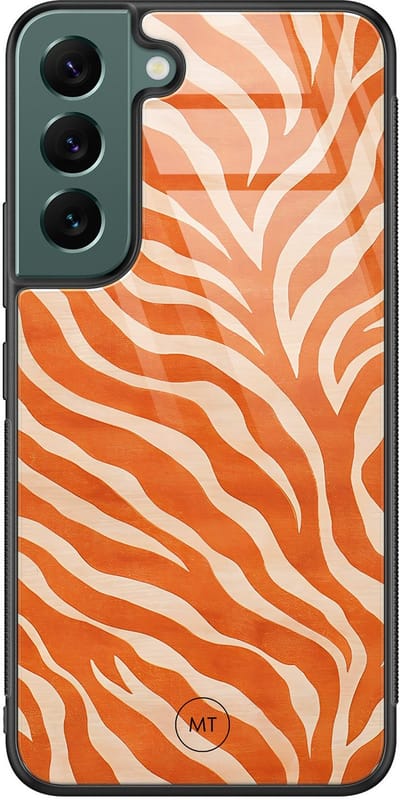 Hoesje geschikt voor Samsung Galaxy S22 - Zebra oranje - Hard Case Zwart Back Cover - Print - Oranje - Mooie Telefoonhoesjes