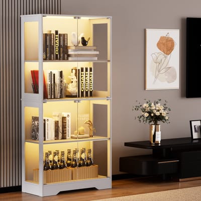 MODENUIT Glasvitrine - Met LED En Bewegingssensor - Voor Woonkamer En Slaapkamer - Wit MDF En Glas - 80x35x165 cm