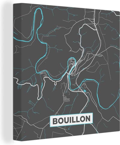 Canvas Schilderij Plattegrond – Bouillon – Blauw – Stadskaart - Kaart - België - 20x20 cm - Wanddecoratie