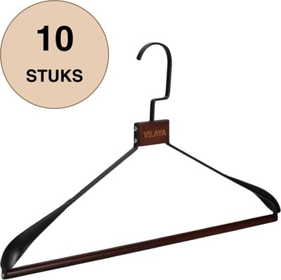 VILAYA LUXE Kledinghangers - 10 Stuks - Metaal - Hout - Premium - Sterk - Draaibare haak - Kleerhangers - Broekhangers - Zwart