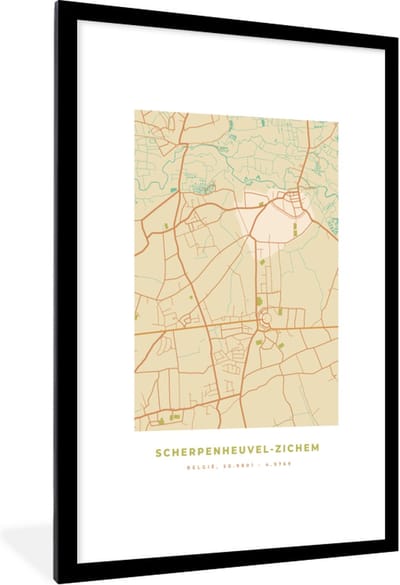 Fotolijst incl. Poster - Plattegrond - Vintage - Retro - Scherpenheuvel-Zichem - Kaart - Stadskaart - 80x120 cm - Posterlijst