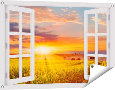 Gards Tuinposter Doorkijk Zonsopgang op het Maïsveld - 90x60 cm - Tuindoek - Tuindecoratie - Wanddecoratie buiten - Tuinschilderij